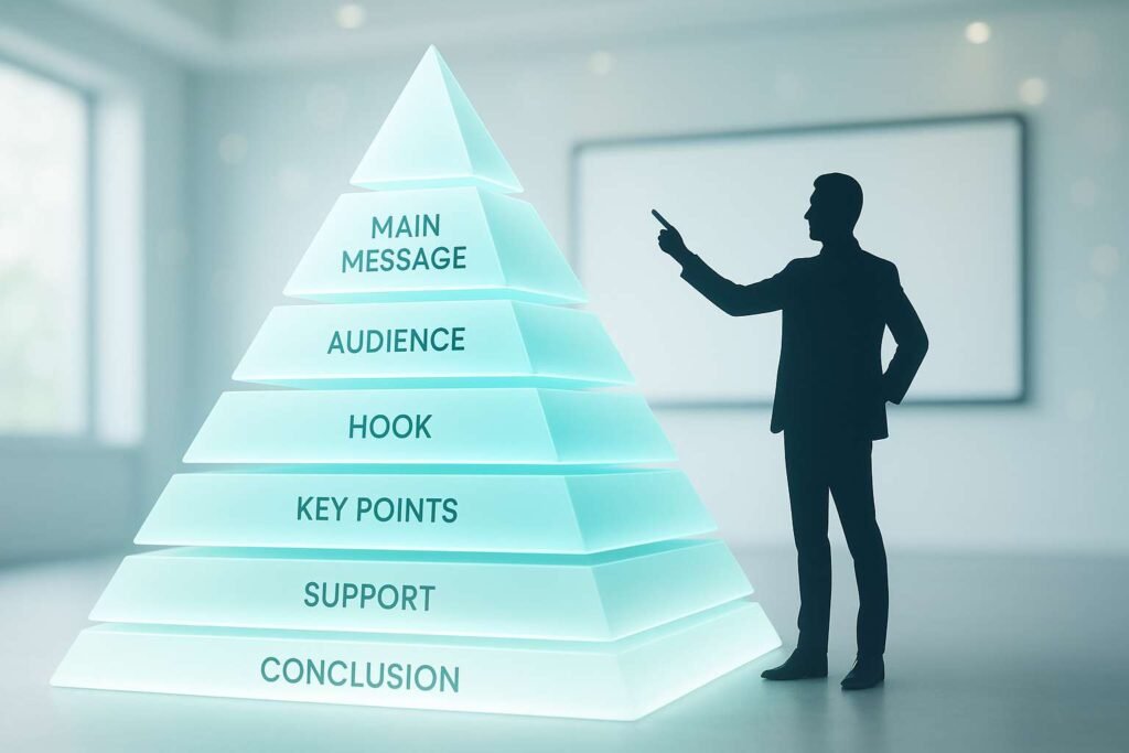 Businessman pointing at glowing pyramid chart showing presentation flow from conclusion to main message.
