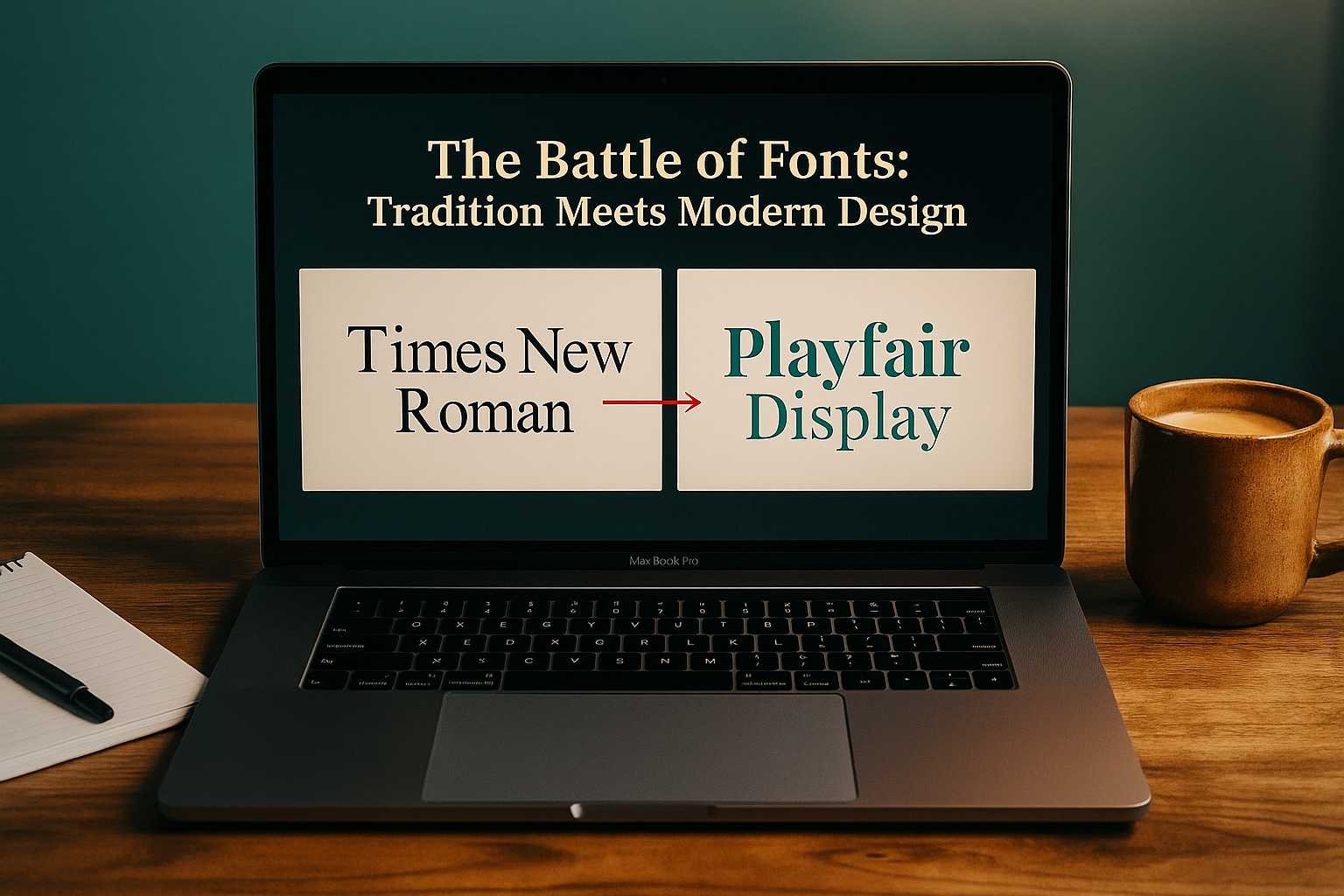 Laptop screen showing a design comparison between Times New Roman and Playfair Display fonts with a coffee beside.