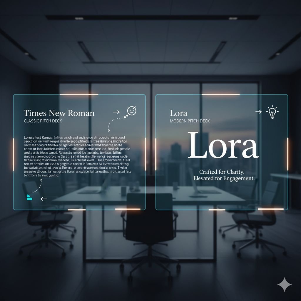 Visual comparison of Times New Roman and Lora fonts in a modern pitch deck design displayed in a sleek office setup.