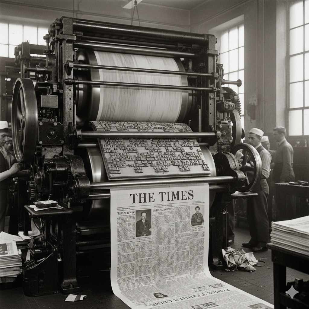 Vintage printing press printing The Times newspaper, showing traditional newspaper production in progress
