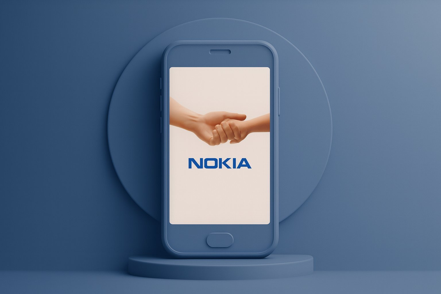 A smartphone displaying the Nokia logo with two hands shaking, symbolizing connection and trust.