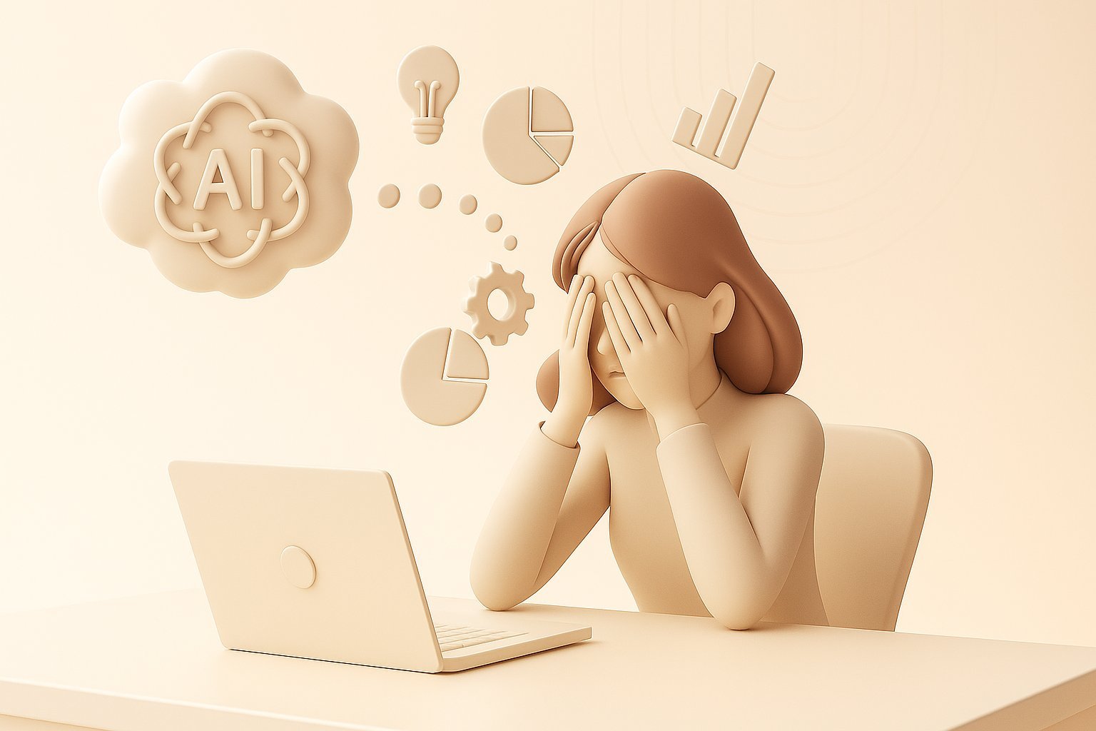 3D illustration of a person stressed at a laptop with AI and data icons floating above in a soft beige tone.