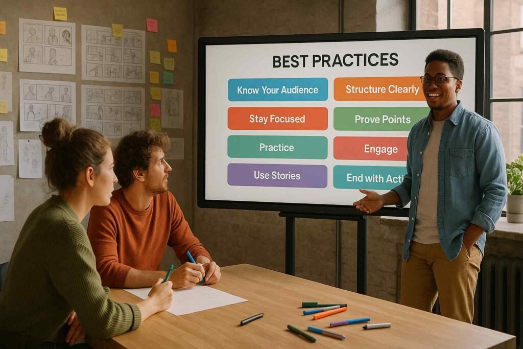 Team discussing best presentation practices with a presenter showing a colorful slide titled Best Practices.