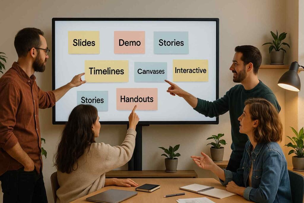 Team brainstorming creative presentation ideas with keywords like Slides, Demo, Timelines, and Handouts on a board.