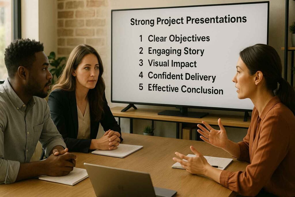 Team members discussing key points of a project presentation displayed on a screen with a five-step list.