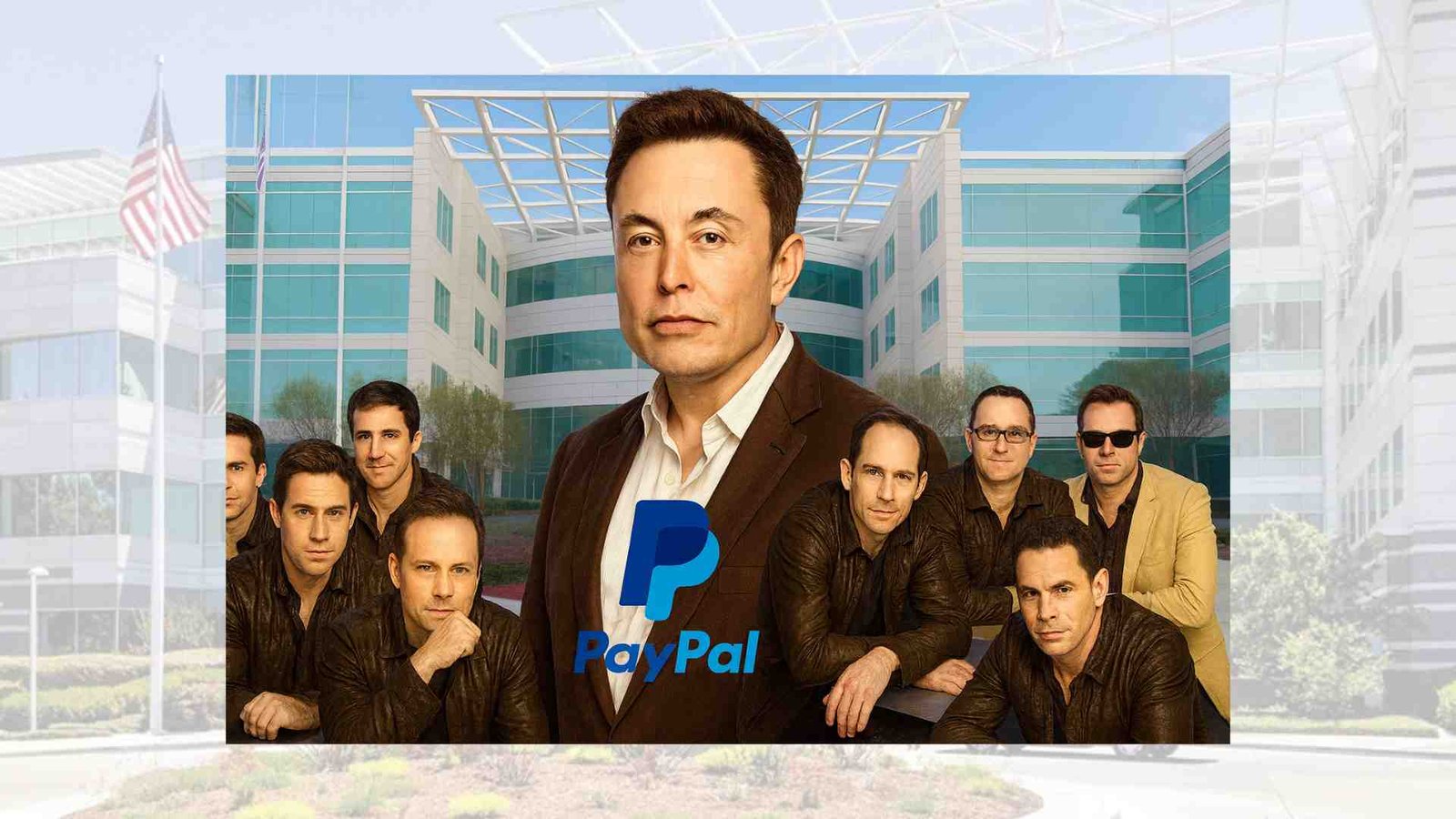 The PayPal founders standing together with Elon Musk in front, PayPal logo overlaid, corporate building background.