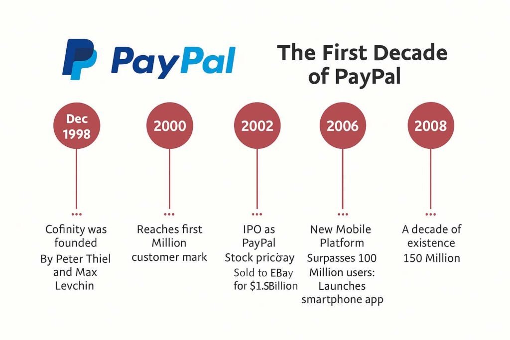 Timeline of PayPal’s early milestones from 1998 to 2008, highlighting launch, IPO, growth, and platform expansion