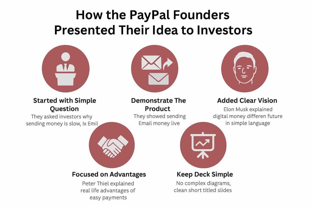 Infographic showing five icons explaining how PayPal founders pitched: simple idea, demo, vision, benefits, and simplicity.