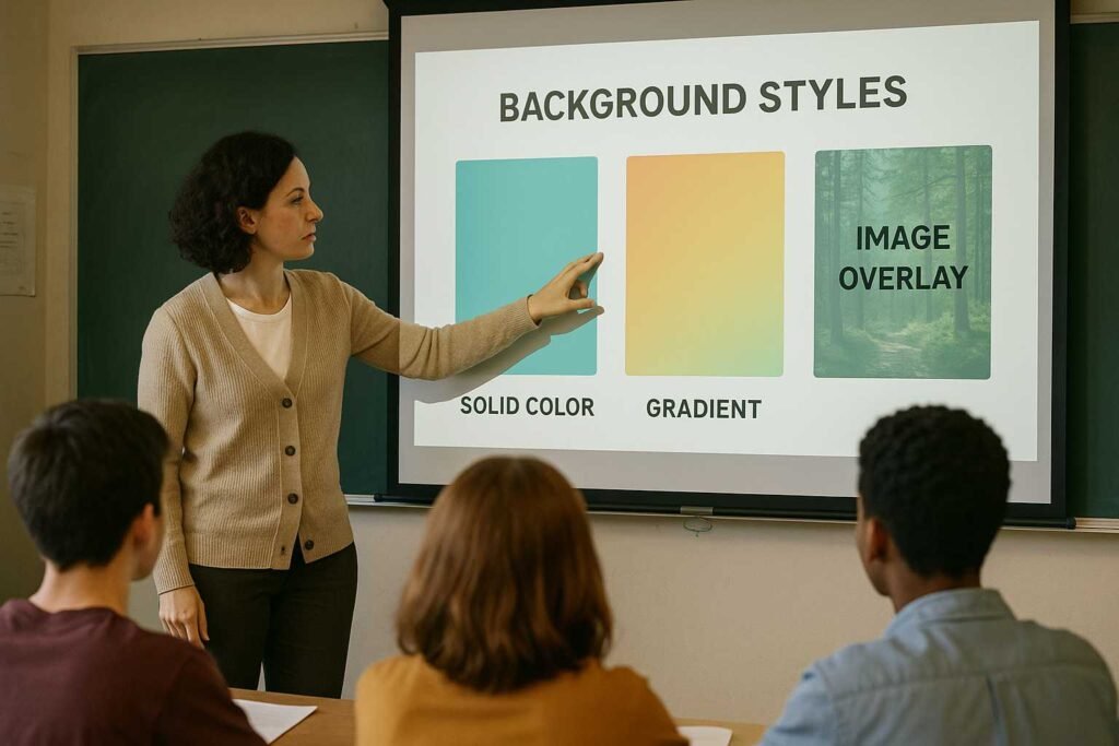 Teacher presenting background style options—solid color, gradient, image overlay—to students in classroom.