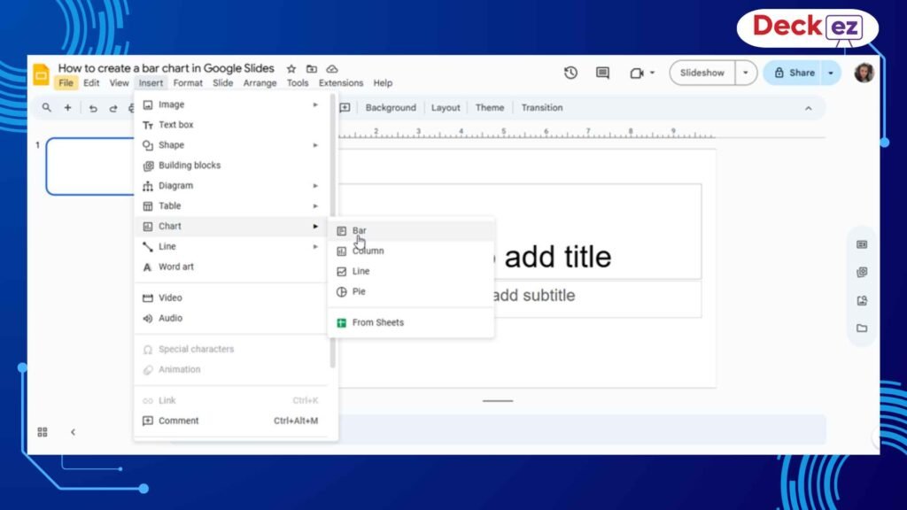 Google Slides interface showing the Insert menu with the Chart option selected and Bar chart highlighted for creating a bar chart.