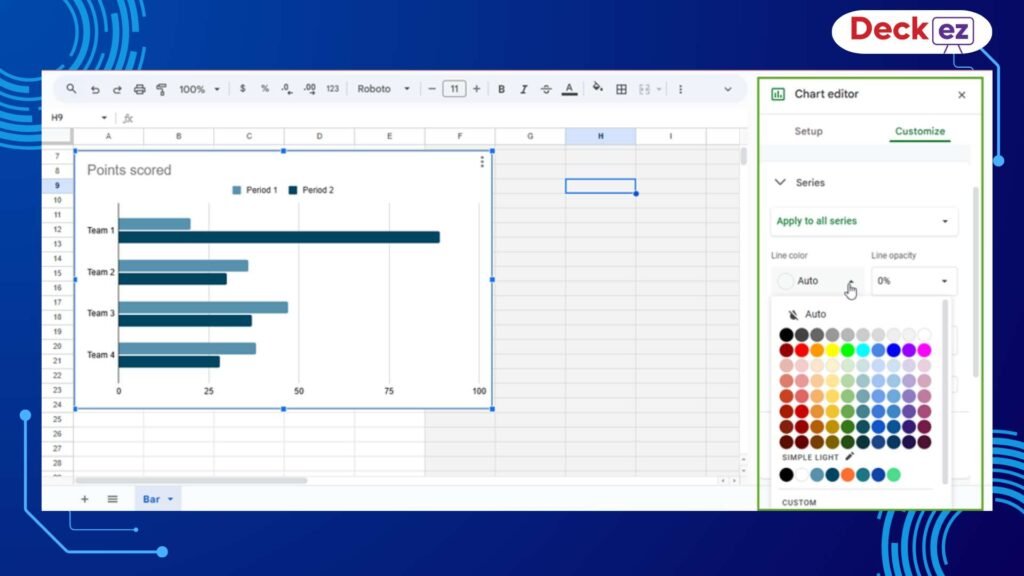 Google Sheets chart editor showing customization options for bar chart colors and series formatting.