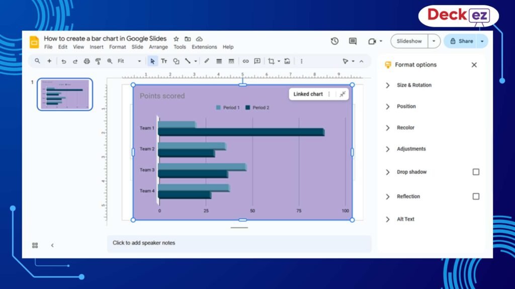 Google Slides window showing a bar chart with purple background and format options panel open for editing chart appearance.