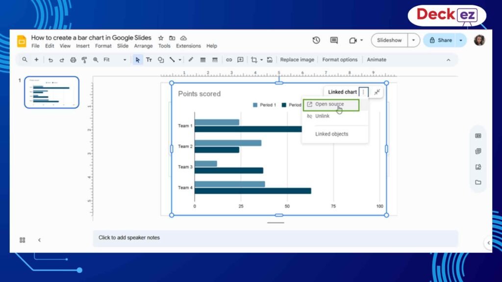 Google Slides window showing a linked bar chart being updated through the menu, demonstrating how to edit chart data from the source