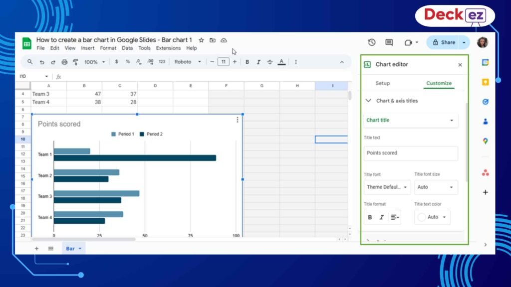 Editing chart title and customizing bar chart settings in Google Sheets using the Chart Editor panel on the right side.